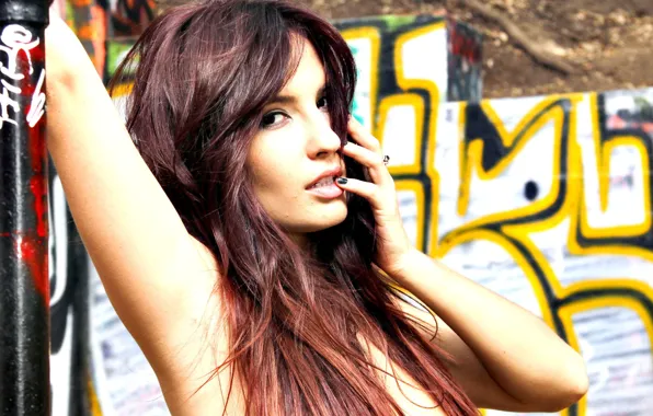 Girl, graffiti, woman, model, topless, brunette, female, Shay Maria