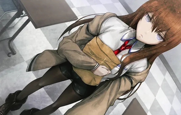 Picture girl, the game, anime, tie, tights, the envelope, makise kurisu, Steins Gate