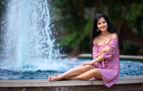 Girl, smile, fountain, legs, Victoria, knees, dress