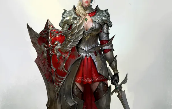 Girl, sword, fantasy, cleavage, armor, blue eyes, weapons, blonde