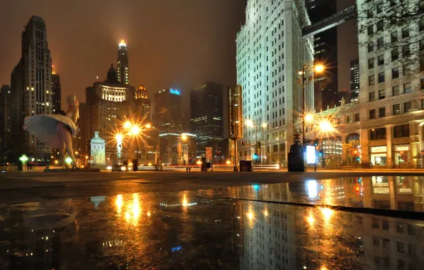 Night, the city, lights, skyscrapers, puddle, Chicago, Illinois, Marlin Monroe