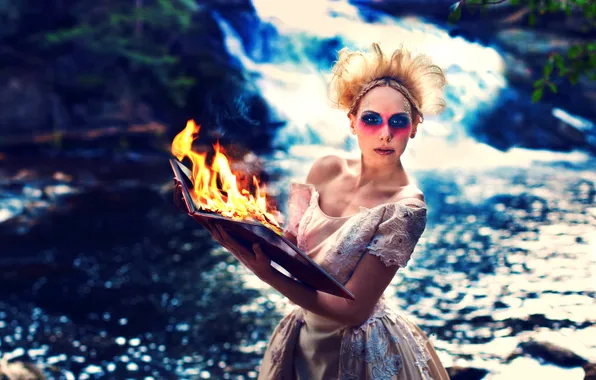 Picture look, girl, fire, blonde, book
