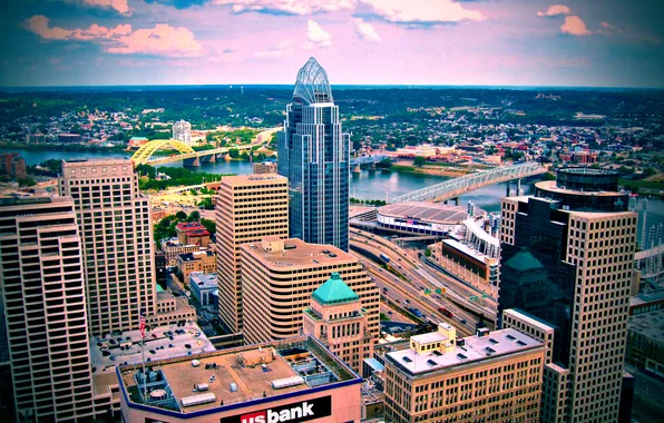 The sky, river, skyscrapers, The city, bridges, art, bank