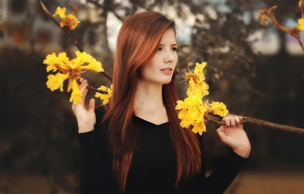 Look, portrait, redhead, yellow flowers