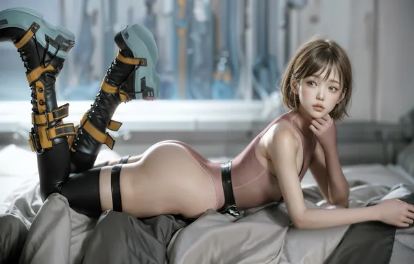 Swimsuit, girl, bed, stockings, boots, window, bed, Asian