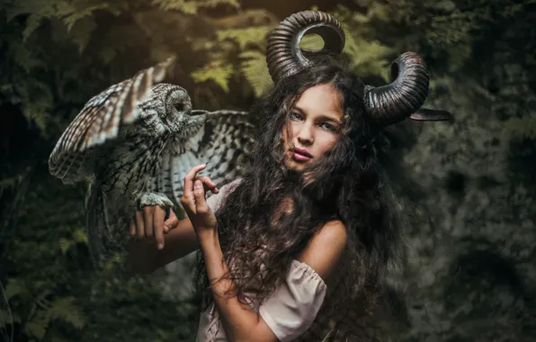 Forest, look, girl, style, owl, bird, fantasy, horns