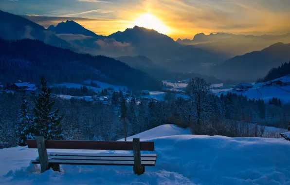Winter, the sun, landscape, sunset, mountains, nature, Germany, Bayern
