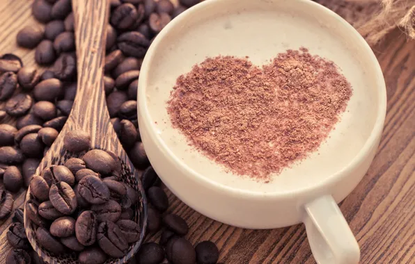 Foam, heart, coffee, chocolate, spoon, heart, cappuccino