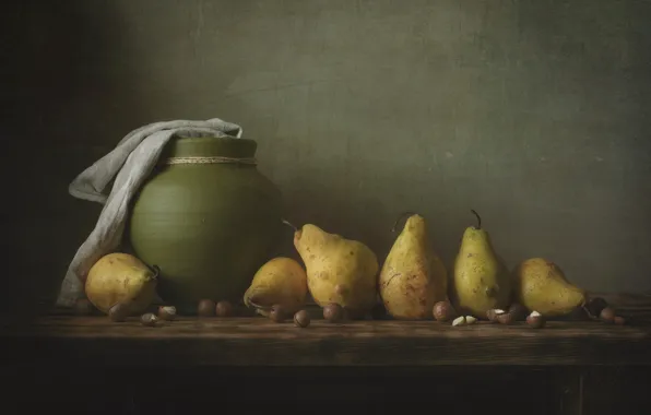 Board, towel, pot, nuts, still life, pear, ceramics