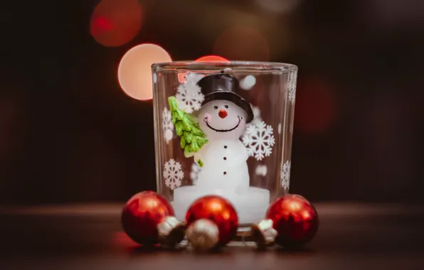 Balls, snowflakes, glass, background, Christmas, New year, snowman