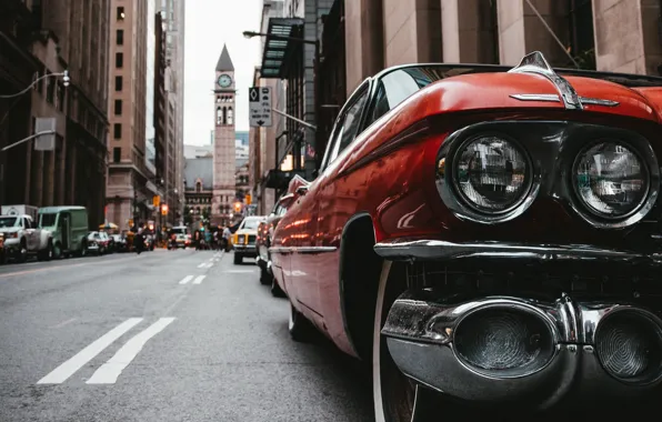 Picture road, machine, retro, street, lights, building, wheel, car