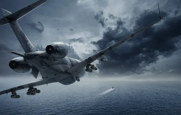 Picture sea, clouds, the plane, weapons, anti-submarine, You CAN, Swordfish, submarine