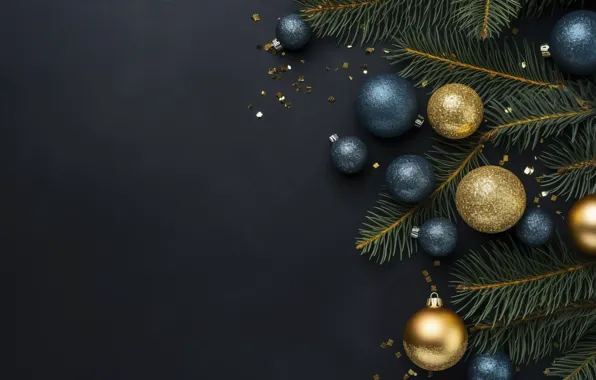 Decoration, the dark background, balls, New Year, Christmas, golden, new year, happy