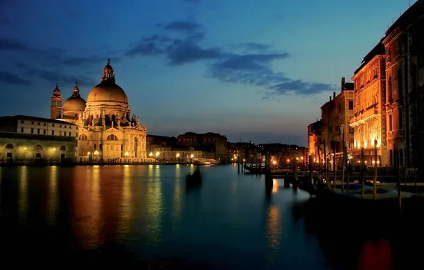 Night, lights, Italy, Venice, channel, the Cathedral of Santa Marie della Salute
