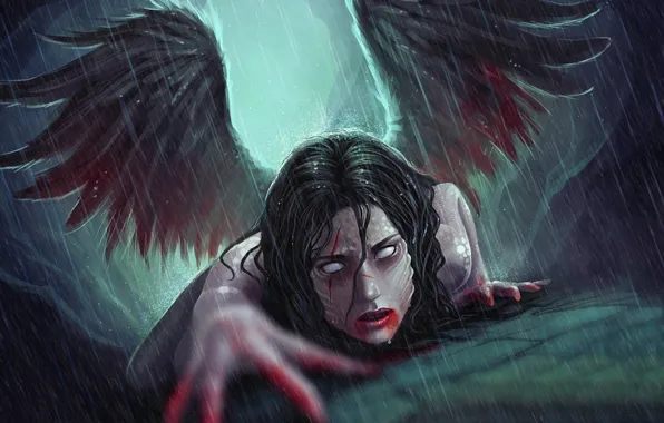 Picture rain, blood, hair, wings, angel, hands, cuts, nails