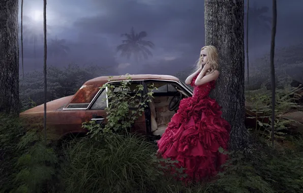 Picture girl, trees, palm trees, fantasy, dress, art, car