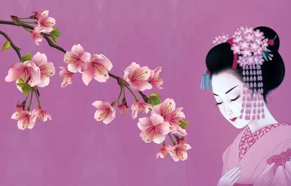 Picture girl, Japanese, spring, Sakura, art, kimono, tradition, kanzashi