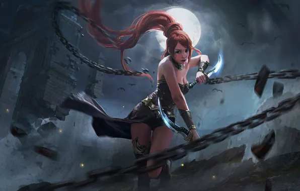 Girl, night, the moon, destruction, ruins, escape, red hair, chain