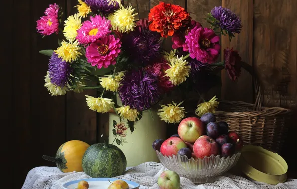 Apples, bouquet, pumpkin, still life, plum, asters, zinnia