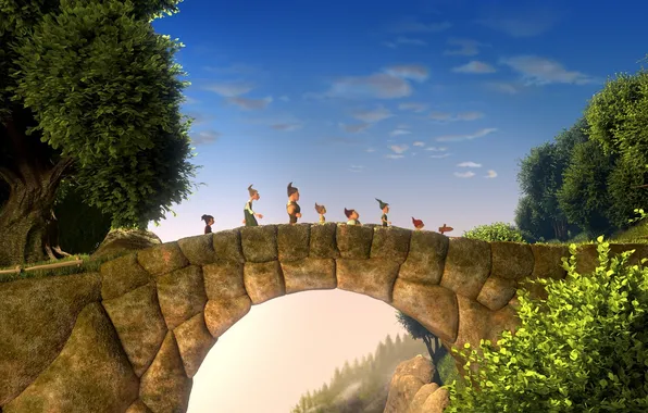 Picture trees, bridge, cartoon, dwarves, adventure, The 7th dwarf, The 7th dwarf