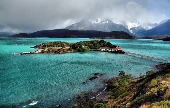 Mountains, bridge, lake, houses, island, Chile, Patagonia, Pehoe Lake