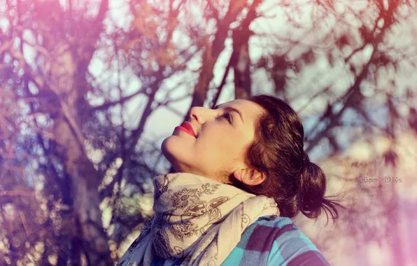 Picture look, girl, trees, nature, hair, makeup, scarf, lips