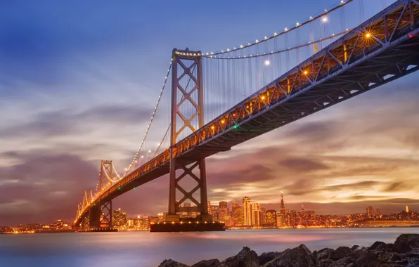 Sea, lights, horizon, CA, San Francisco, Bay Bridge