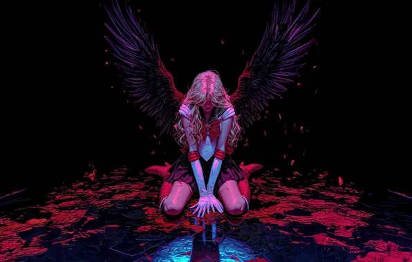The dark background, blood, wings, feathers, digital art, dark angel, fantasy art, dark angel fallen