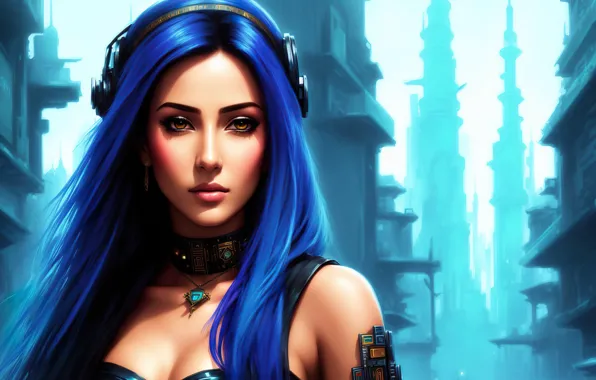 Girl, fantasy, blue, art, cyberpunk, digital art, fantasy art, fantasy girl