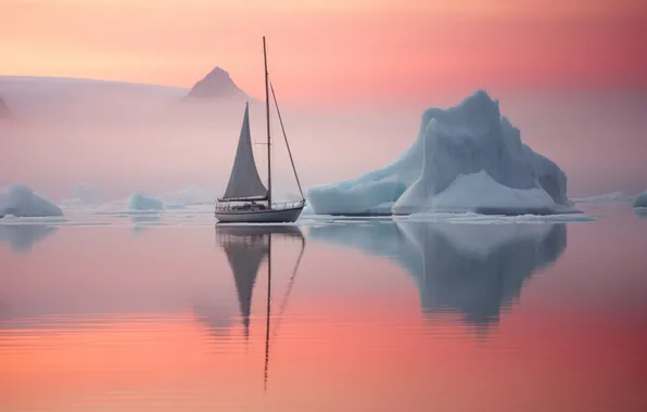 Sea, fog, reflection, dawn, morning, yacht, iceberg, ice