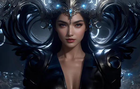 Chest, look, girl, light, decoration, night, curls, Shine