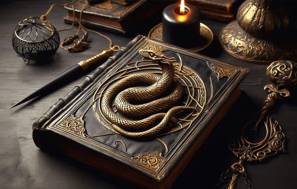 Table, magic, snake, candle, snakes, book, vintage, AI art