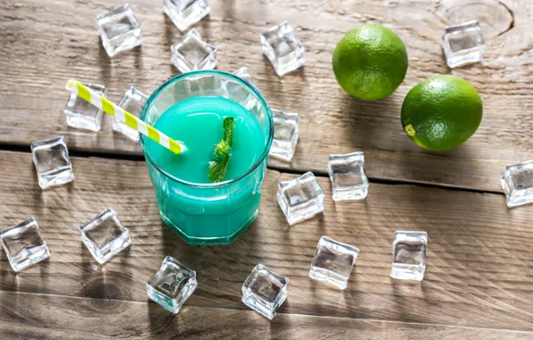 Ice, glass, cocktail, lime, blue lagoon