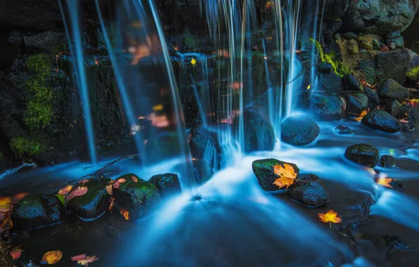 Picture autumn, leaves, stones, rocks, waterfall, falling leaves, blue water, maple