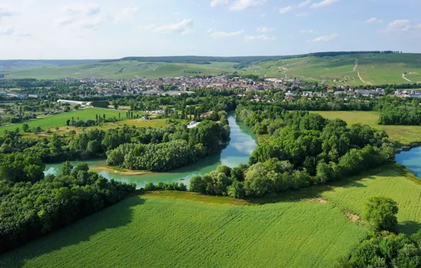 Picture field, the city, river, France, champagne, the champagne region
