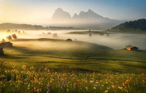 Picture mountains, fog, hills, Alps, house, Alpine village