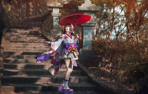 Youth, beauty, umbrella, brunette, steps, Asian, umbrella, beauty