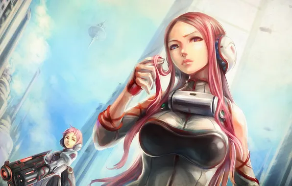 The city, future, weapons, girls, art, pink hair