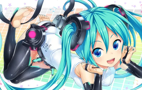 Look, girl, joy, headphones, vocaloid, Vocaloid, art, miku append