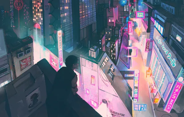 Picture night, the city, guy, neon waveski, by LuviiiLove