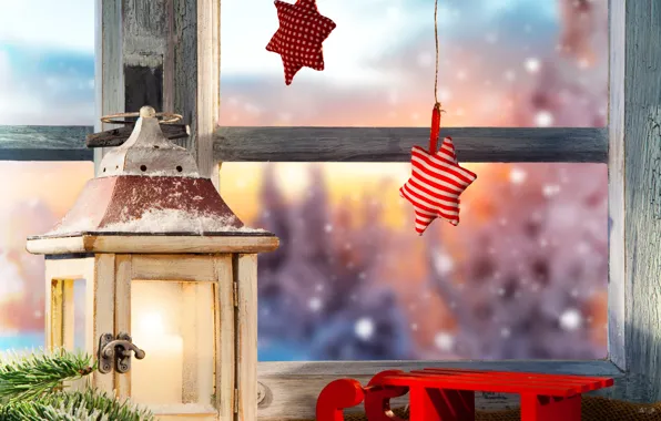 Winter, snow, tree, stars, window, lantern, New year, Christmas