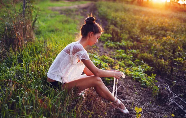 Greens, girl, sunset, nature, Pointe shoes
