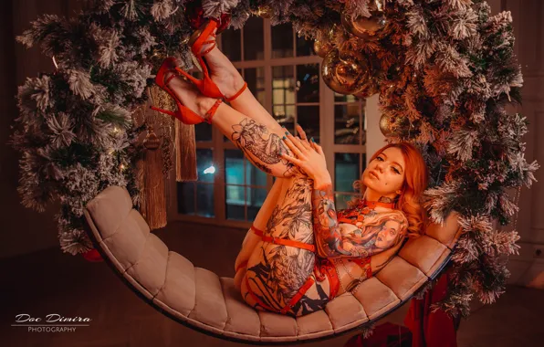 Girl, pose, feet, tattoo, Christmas, New year, red, redhead