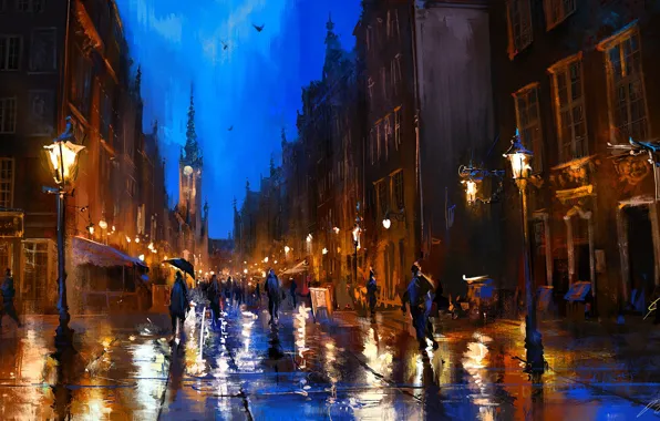 Picture city, rain, umbrella, evening, street, people, painting, buildings