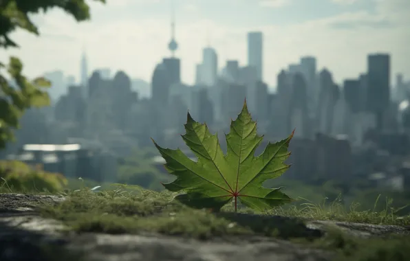 The city, sheet, green, fog, leaf, dal, skyscrapers, haze