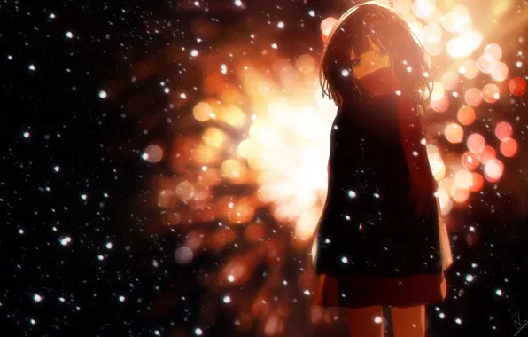 Winter, girl, snow, fireworks