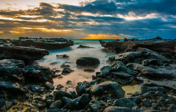 Picture sea, the sky, clouds, sunset, stones, coast