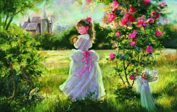 Grass, castle, magic, frog, roses, tale, fairy, Picture