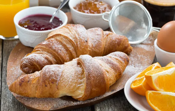 Picture orange, eggs, Breakfast, cakes, jam, croissant