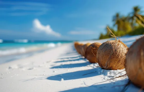 Sand, sea, beach, the sky, light, tropics, blue, palm trees